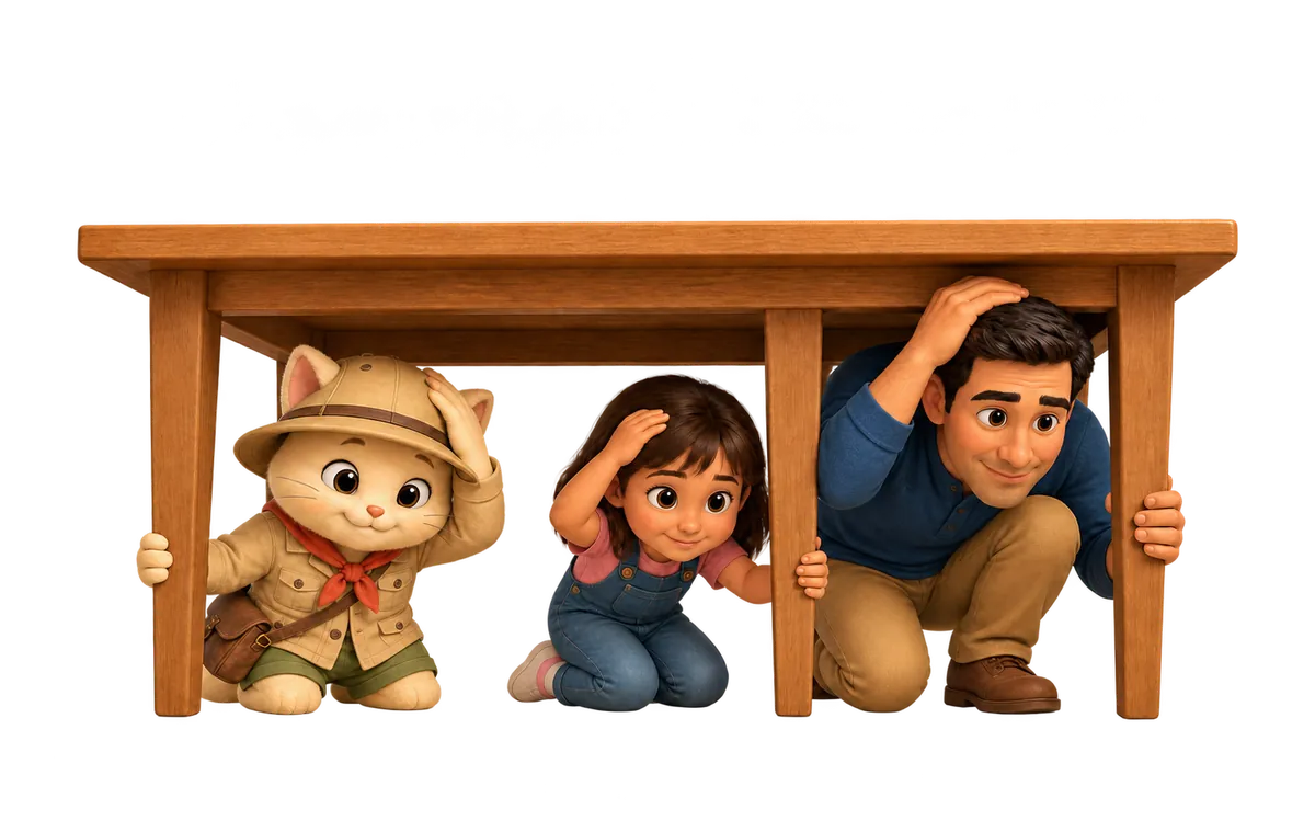 Kiwi teaches a family to drop, cover, and hold on