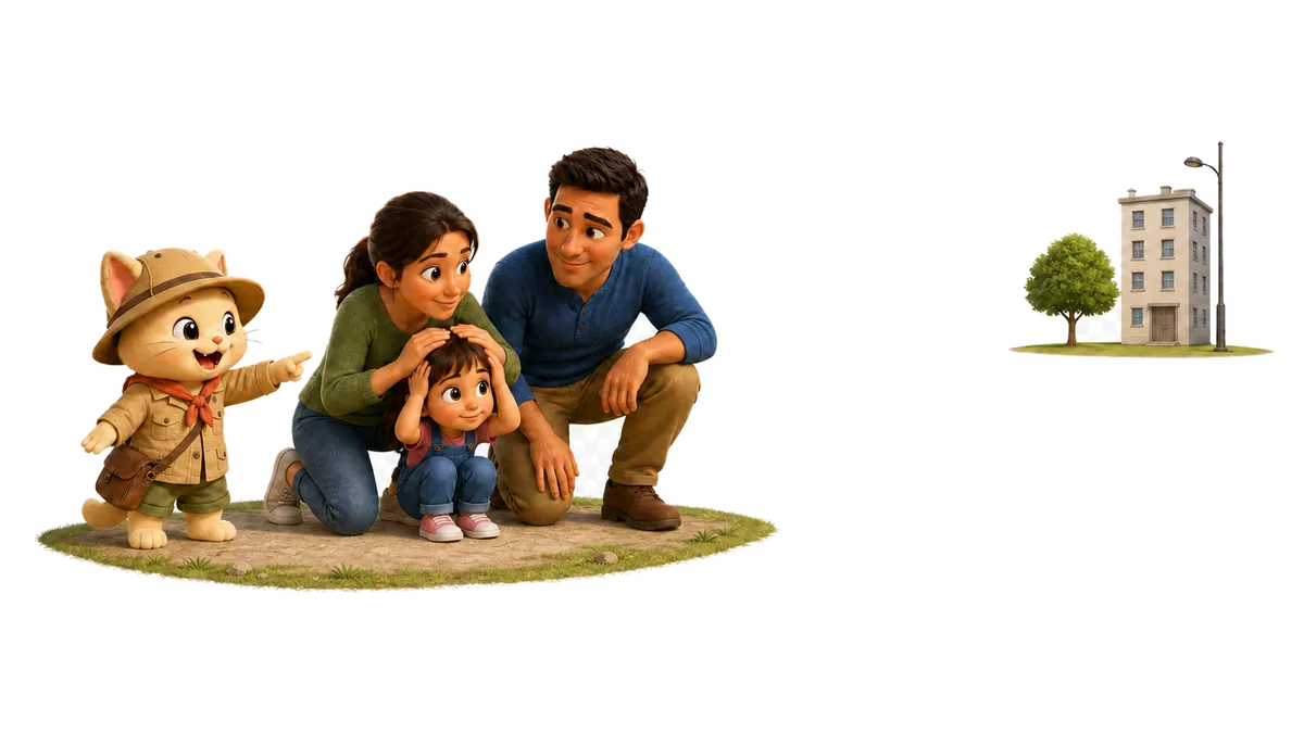Kiwi guides a family toward an open area during an earthquake