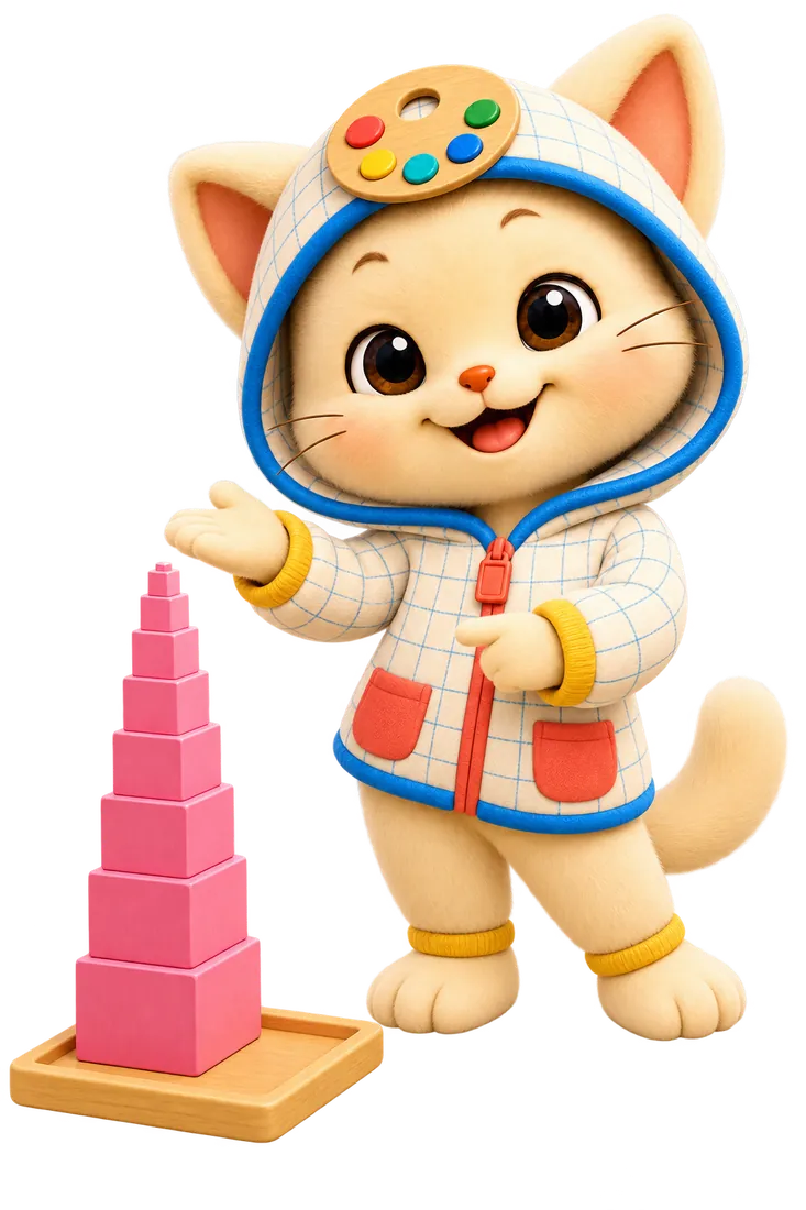 Kiwi observes the Pink Tower in a Montessori classroom
