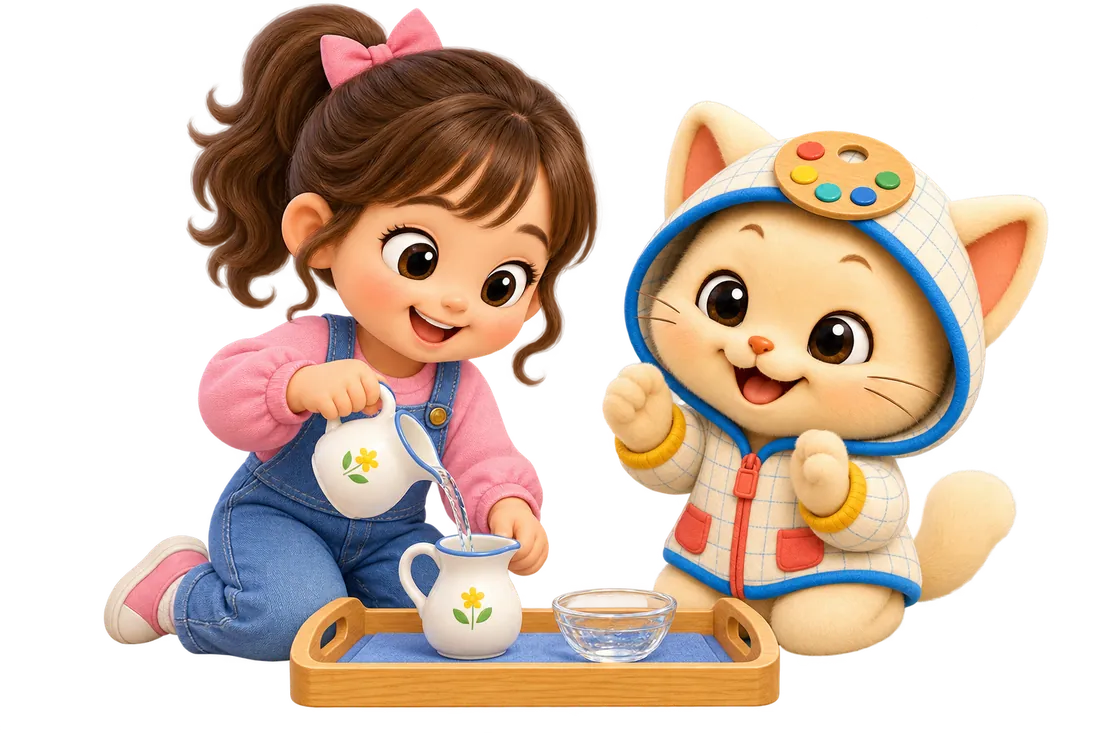 Kiwi and Victoria practise a Montessori practical-life activity